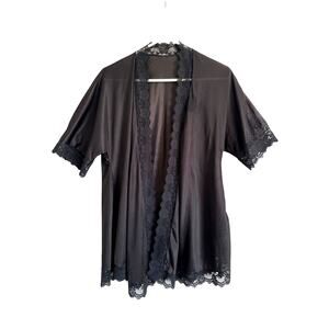 Lady Cameo Black Short Sleeve Satin Cardigan Robe Lace Trim OS Dark Romantic